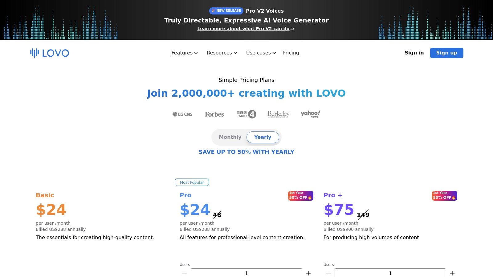 LOVO AI (Genny) pricing plans showing free, basic, pro, and pro+ tiers