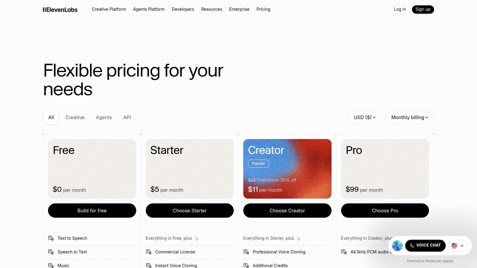 ElevenLabs pricing plans showing free, starter, creator, pro, and scale tiers