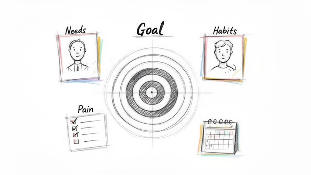 Hand-drawn sketch illustrating a central goal target surrounded by customer needs, habits, and pain points.