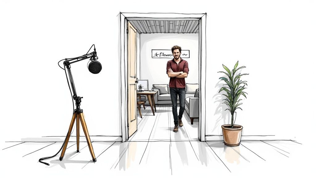 Illustration of a man in a doorway with a podcast microphone and potted plant in a studio setting.
