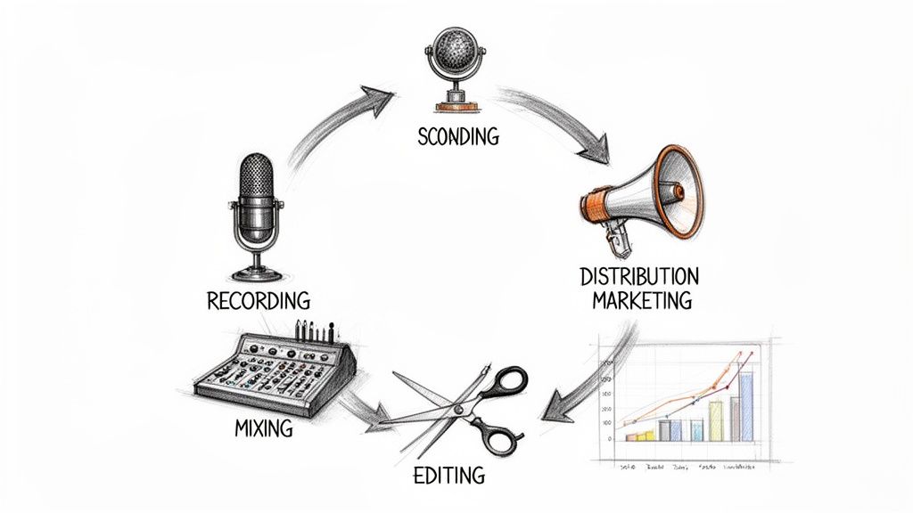 A sketch diagram illustrating a circular audio production workflow: recording, mixing,editing, distribution, marketing, and sconding.