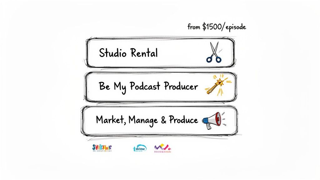 An infographic displaying podcast services including studio rental, production, marketing, and management, starting from $1500 per episode.