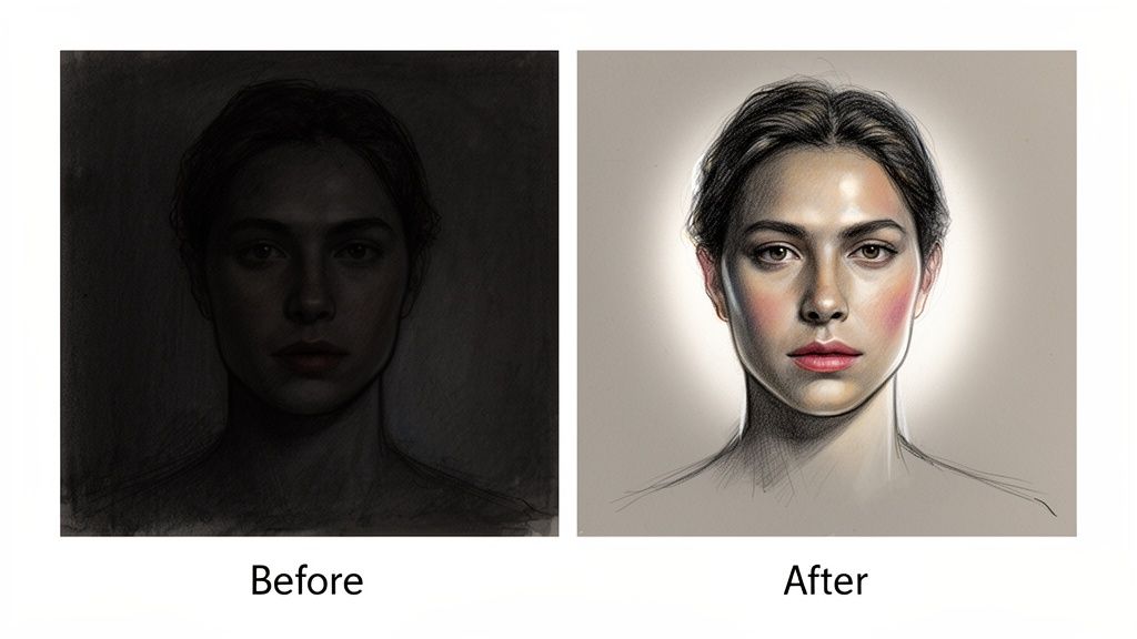 A woman's portrait drawing, dark 'before' and brightly lit, detailed 'after' a lighting enhancement.