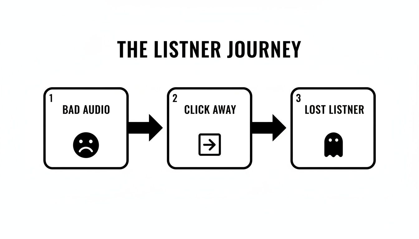 Flowchart illustrating a listener's journey from bad audio to clicking away and becoming lost.