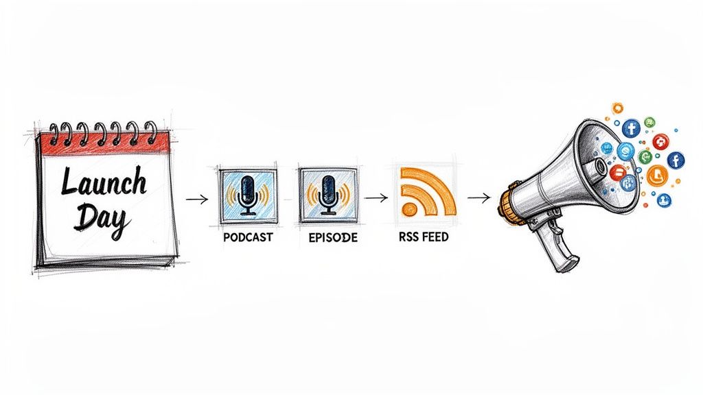 Diagram showing podcast launch process: calendar, podcast and episode icons, RSS feed, and social media promotion megaphone.