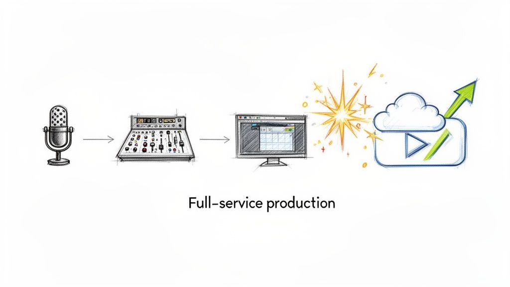 A sketched workflow for full-service production: mic, mixer, computer editing, sparkling, then cloud upload with growth arrow.