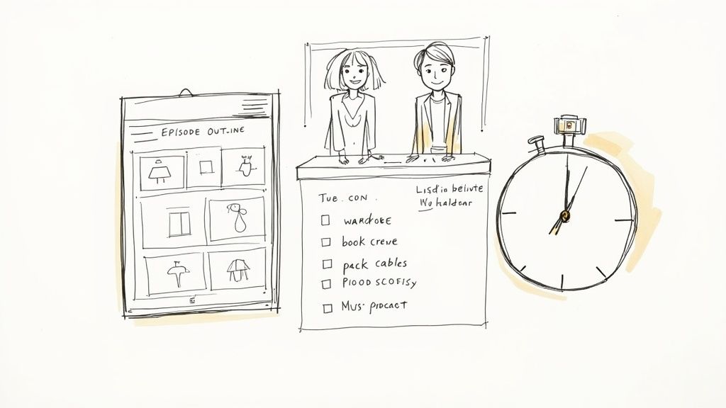 Hand-drawn illustration of a podcast production workflow with episode outline, hosts, checklist, and stopwatch.