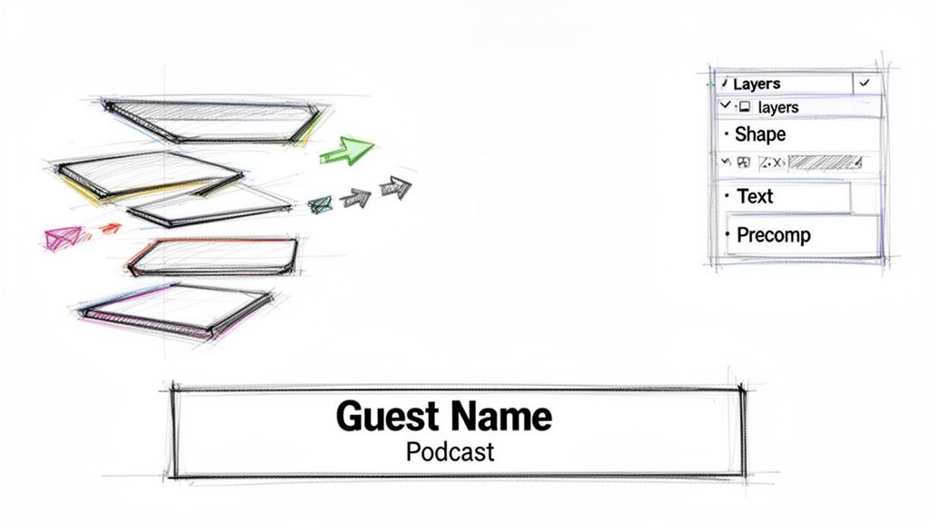 Sketches show animation layers moving right, a UI panel for layer control, and a podcast title.