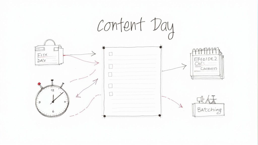 Hand-drawn workflow diagram illustrating a content creation day with tasks, time management, and batching.