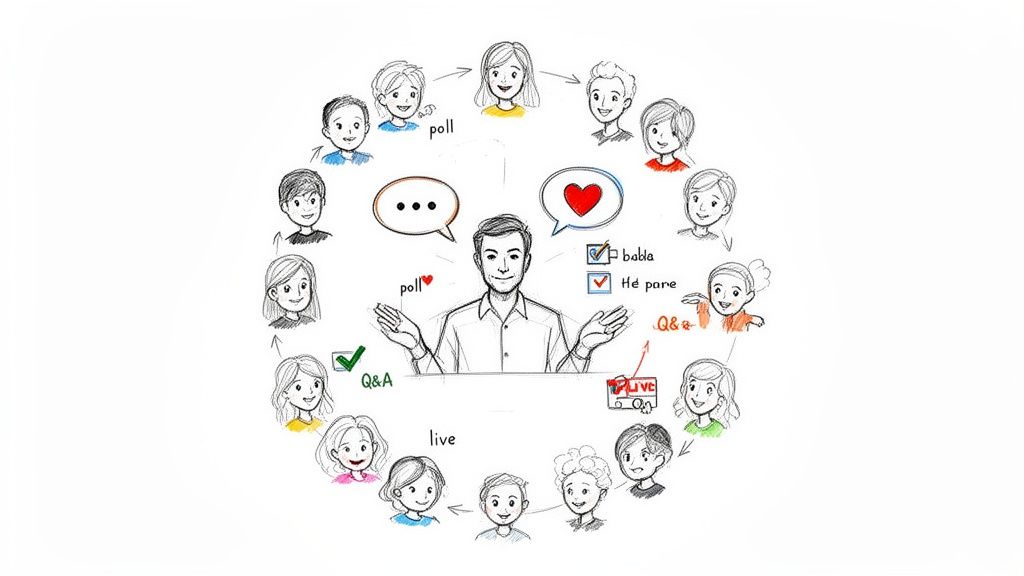 Cartoon drawing of a host interacting with a diverse online community via polls and Q&A.