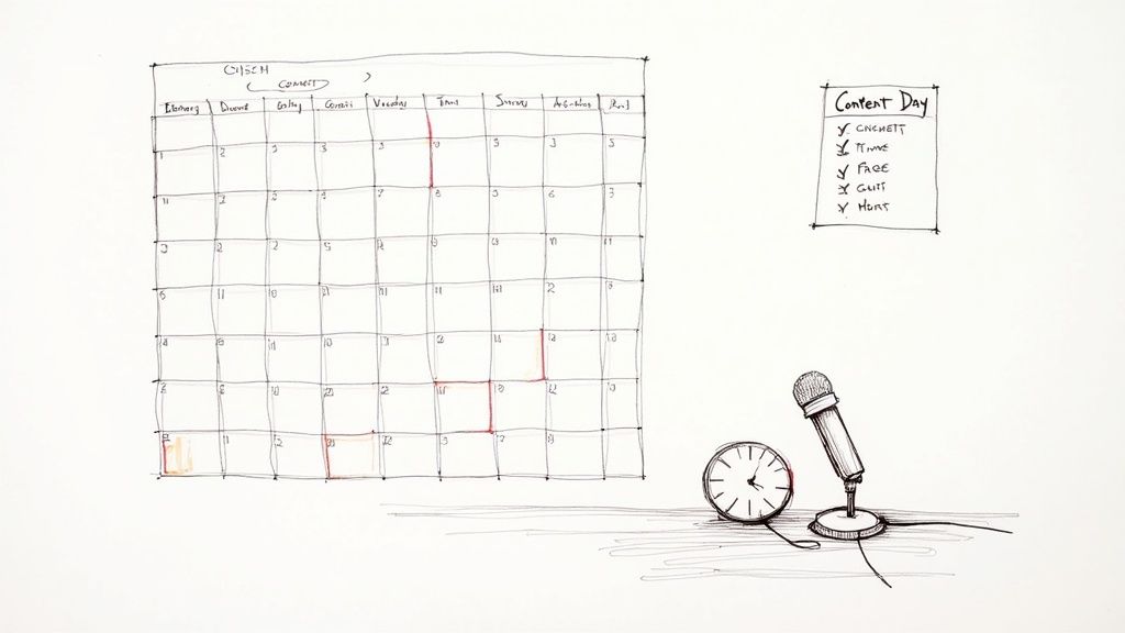 A whiteboard sketch showing a content calendar, 'Content Day' checklist, microphone, and clock.