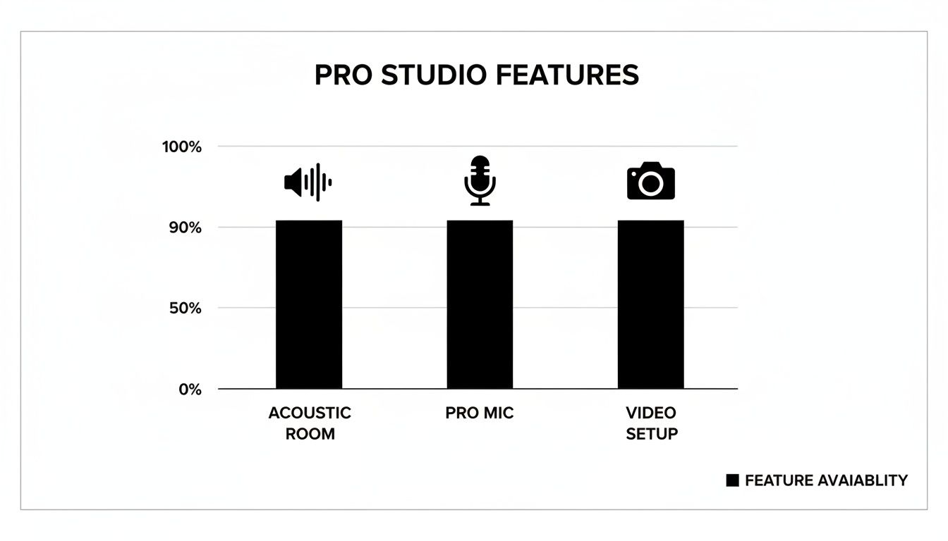 Bar chart showing professional studio features availability: Acoustic Room, Pro Mic, Video Setup, all at 90%.