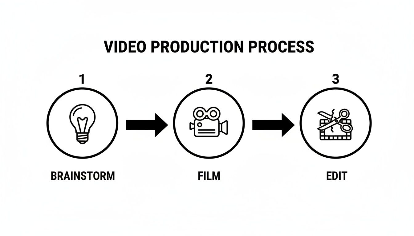 A diagram illustrating the three-step video production process: brainstorm, film, and edit, with corresponding icons.