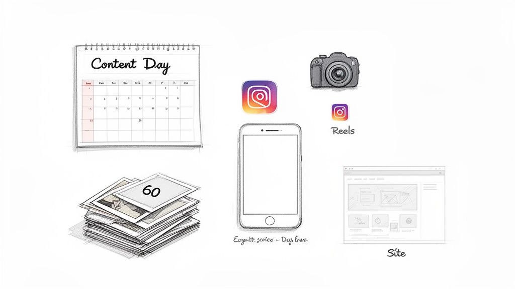 An illustration showing content creation elements: a content day calendar, camera, Instagram logos, smartphone, photos, and a website wireframe.