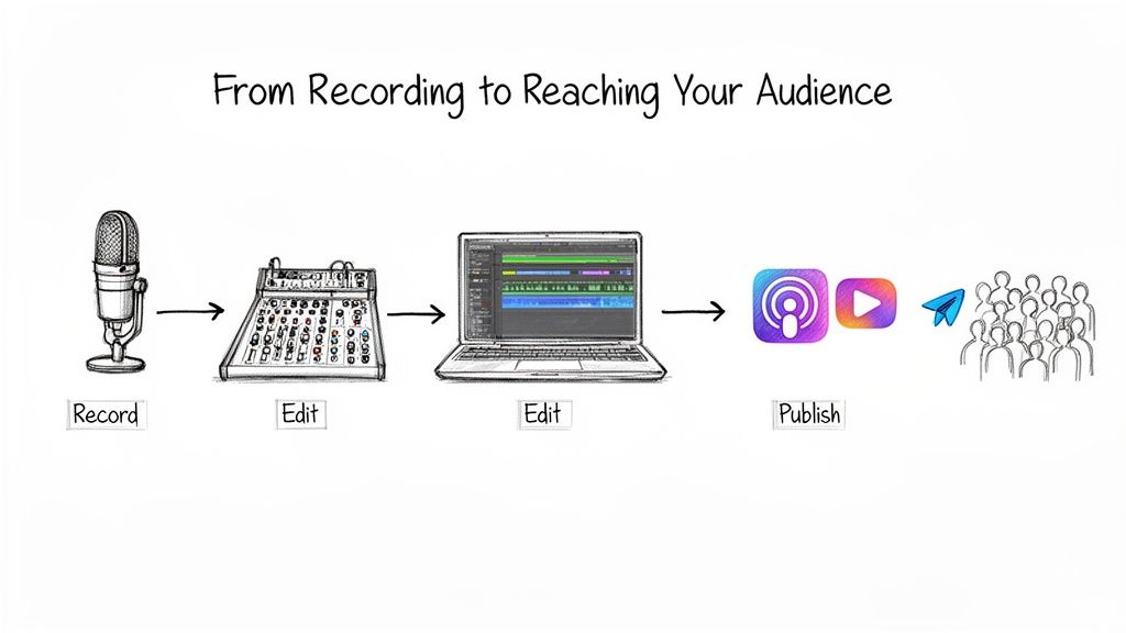 A visual guide illustrating the podcast and video creation process from recording and editing to publishing and reaching the audience.