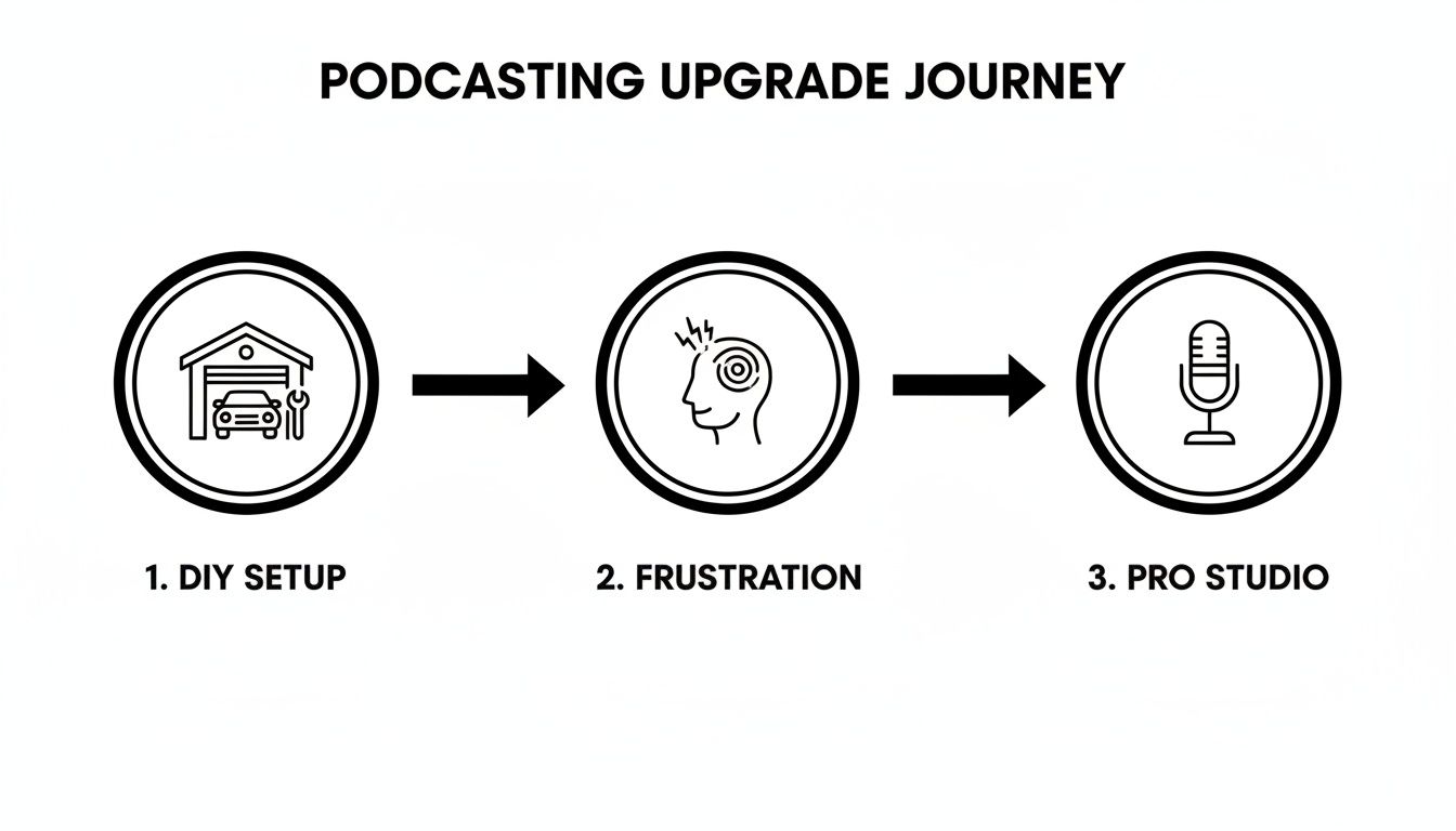 Diagram illustrating the podcasting upgrade journey from a DIY setup, through frustration, to a professional studio.