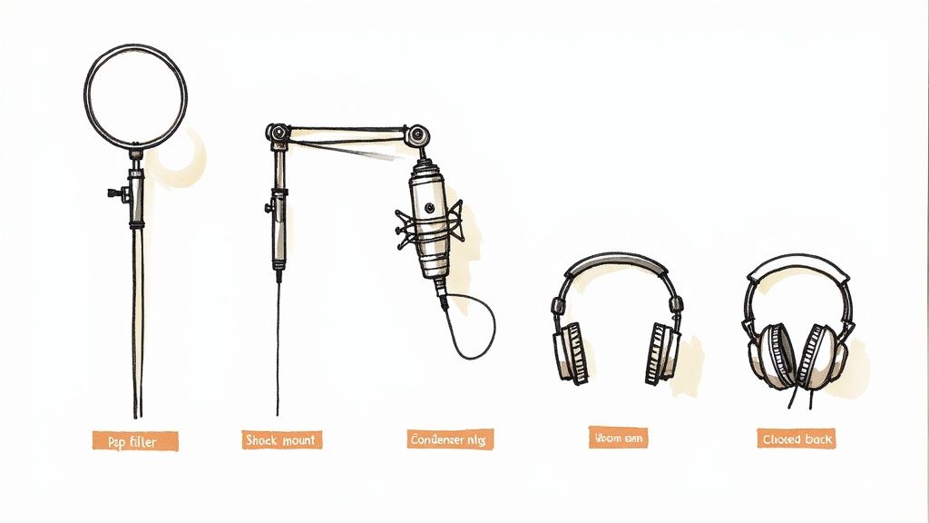 Illustrated podcast recording equipment including pop filter, shock mount, condenser microphone, and two headphones