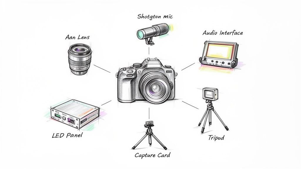 Diagram illustrating a camera setup for video podcasting, featuring a lens, shotgun mic, audio interface, LED panel, capture card, and tripod.