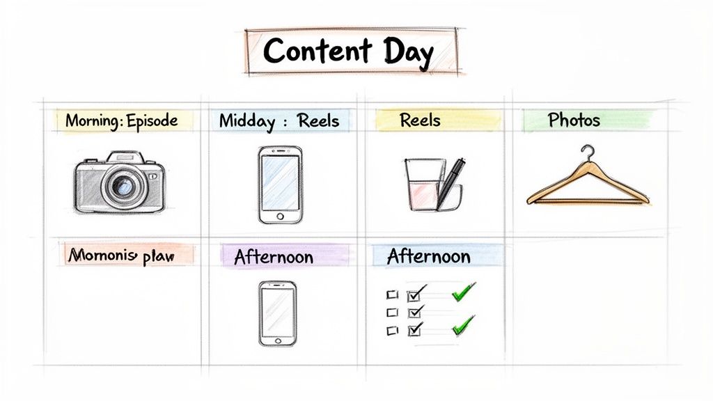 A hand-drawn Content Day schedule showing tasks like filming episodes, creating reels, taking photos, and planning.