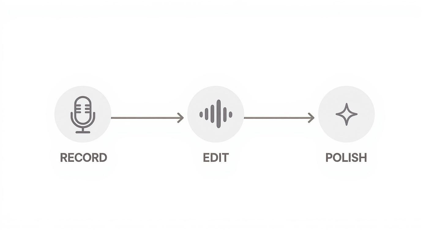 Visual representation of the podcast creation workflow: record audio with a microphone, edit sound, and polish.