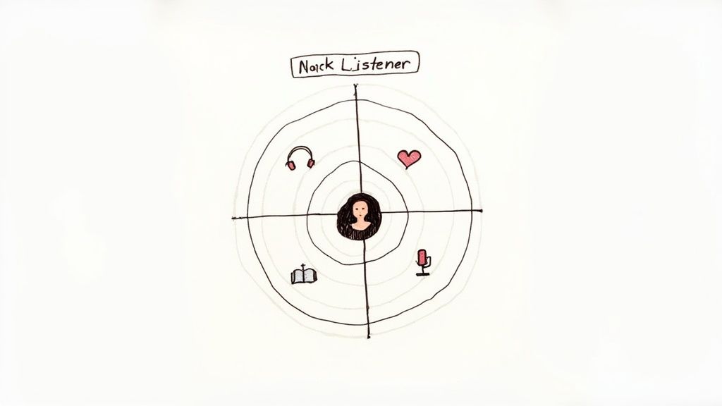 A diagram titled 'Naick Listener' with a person in the center surrounded by headphones, a heart, a book, and a microphone.