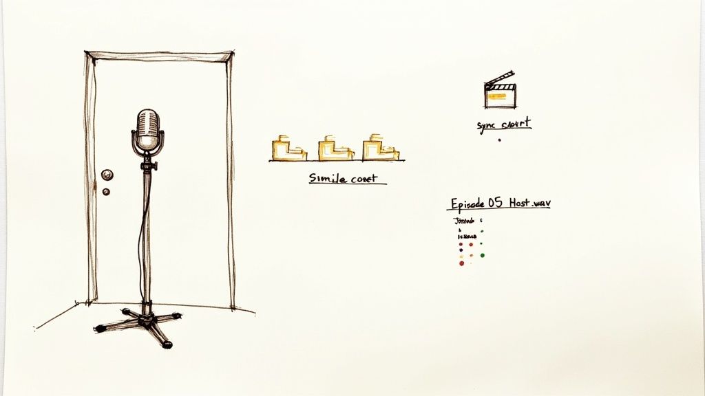 Vintage microphone on stand in recording studio with production notes and equipment sketches