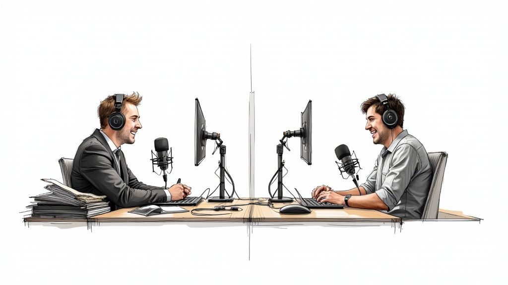 Two smiling men in a podcast studio with headphones, microphones, and computers, ready to record.