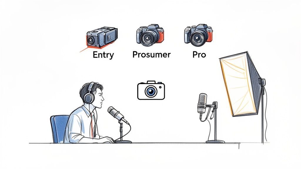 Illustration of various cameras for entry, prosumer, and pro levels, alongside a video podcasting setup.