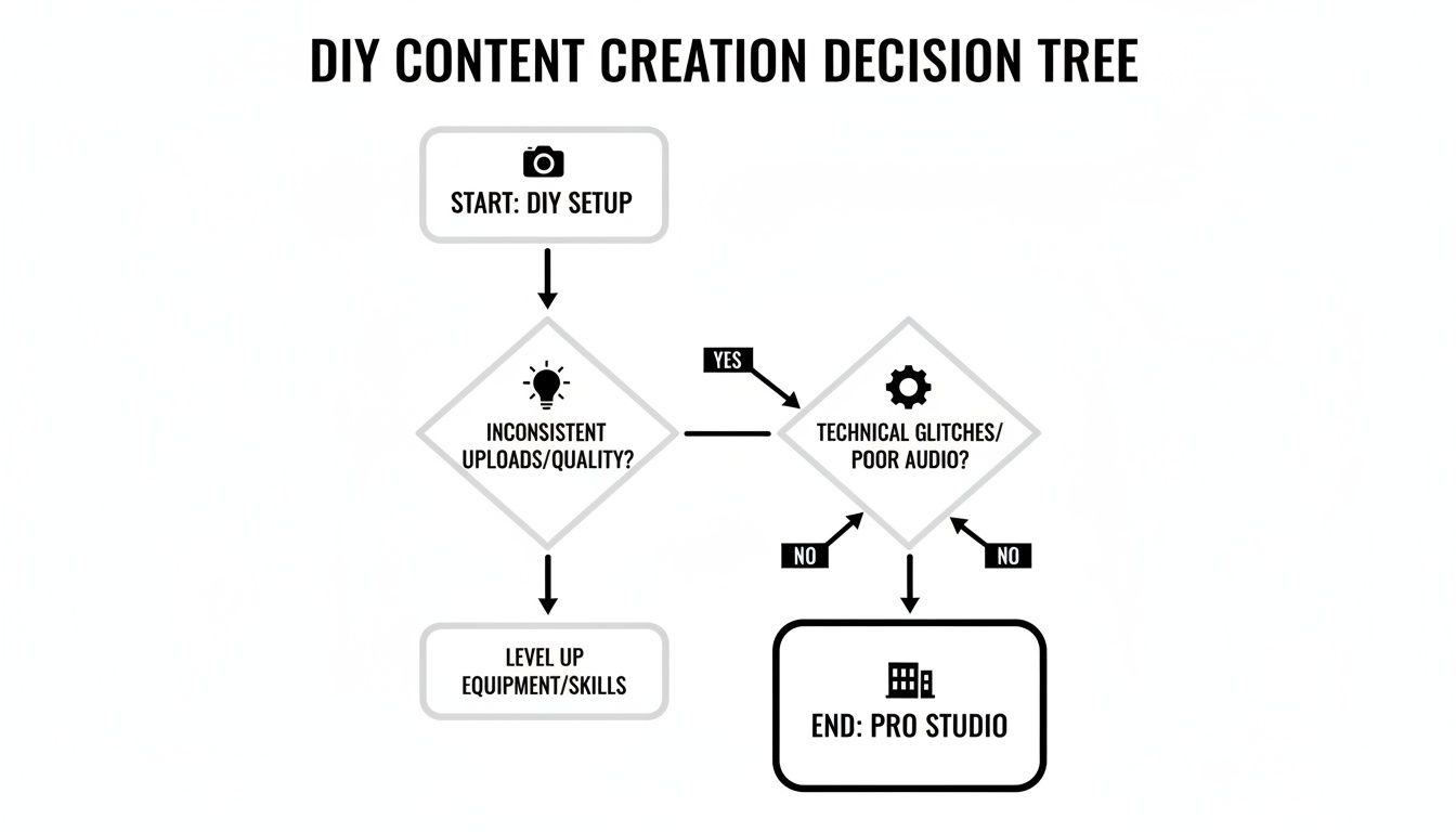 A DIY content creation decision tree flowchart showing paths from initial setup to a professional studio.