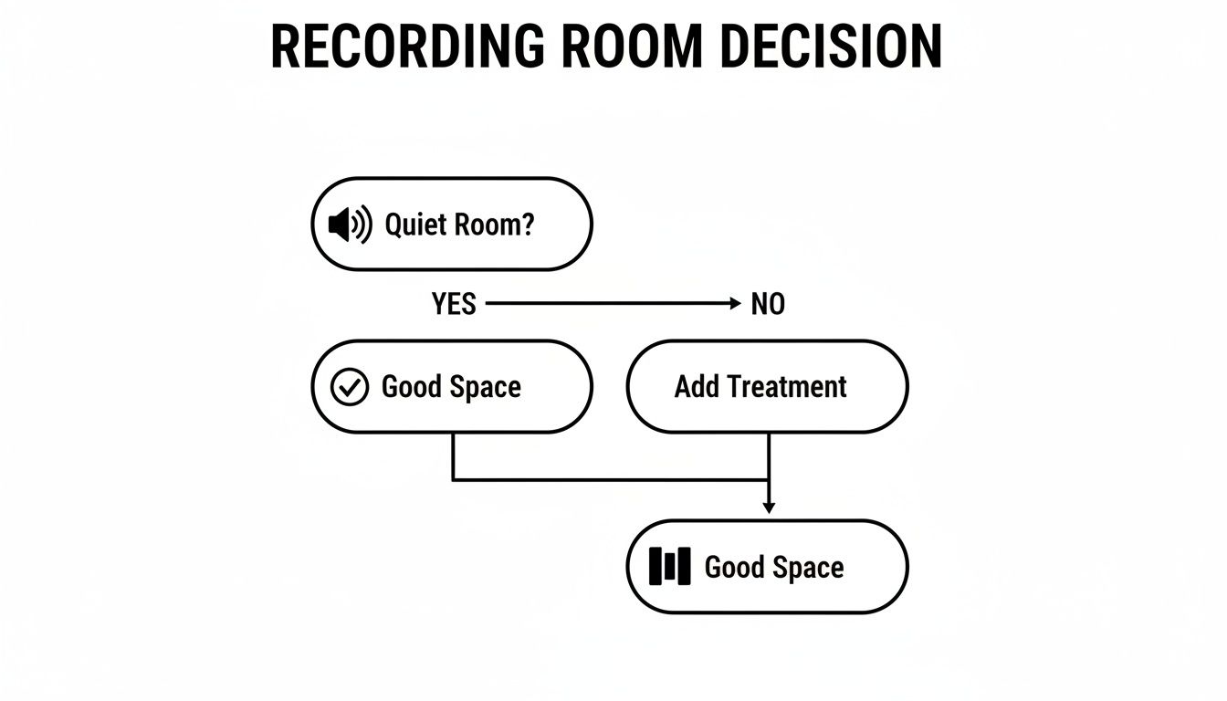 A flowchart illustrating the decision process for a recording room, focusing on quietness and acoustic treatment.