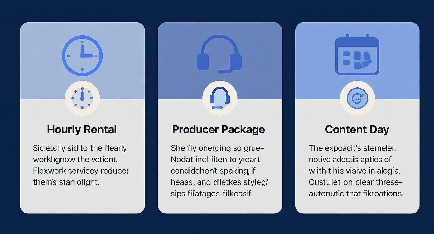 Three service cards displaying hourly rental, producer package, and content day options for podcast studios