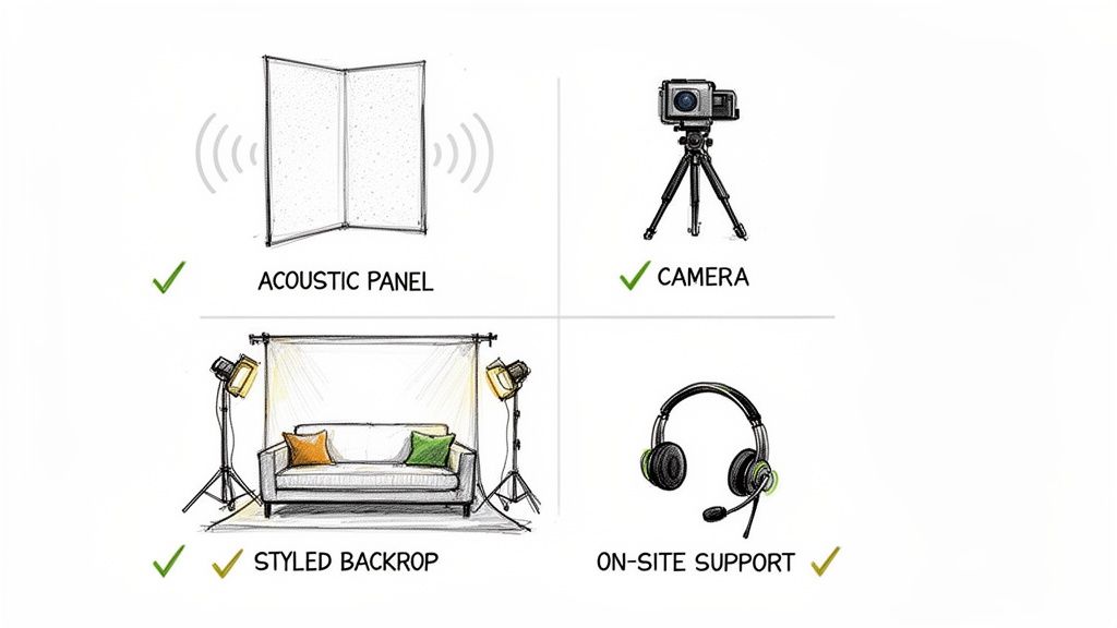 Visual guide to content creation studio equipment including acoustic panel, camera, styled backdrop, and on-site support.