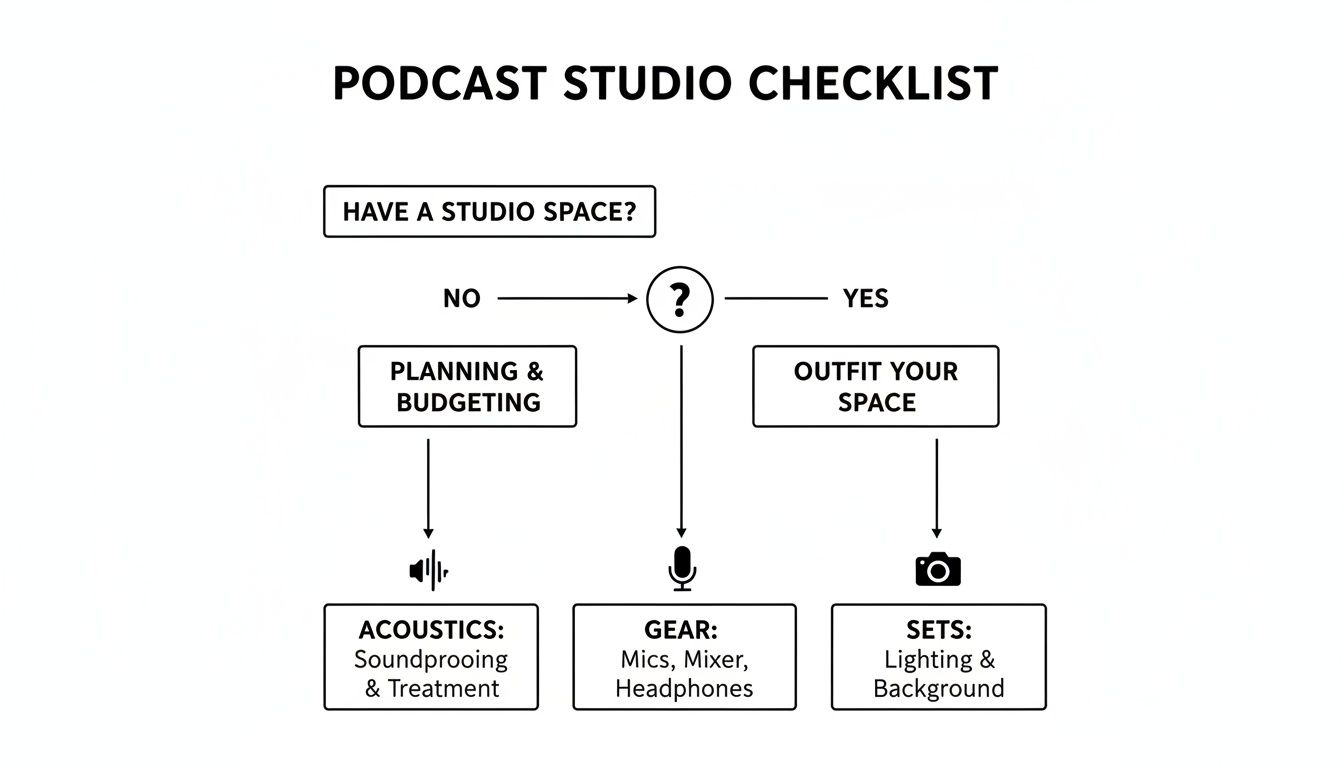 Flowchart showing a podcast studio checklist, including planning, acoustics, gear, and set requirements.