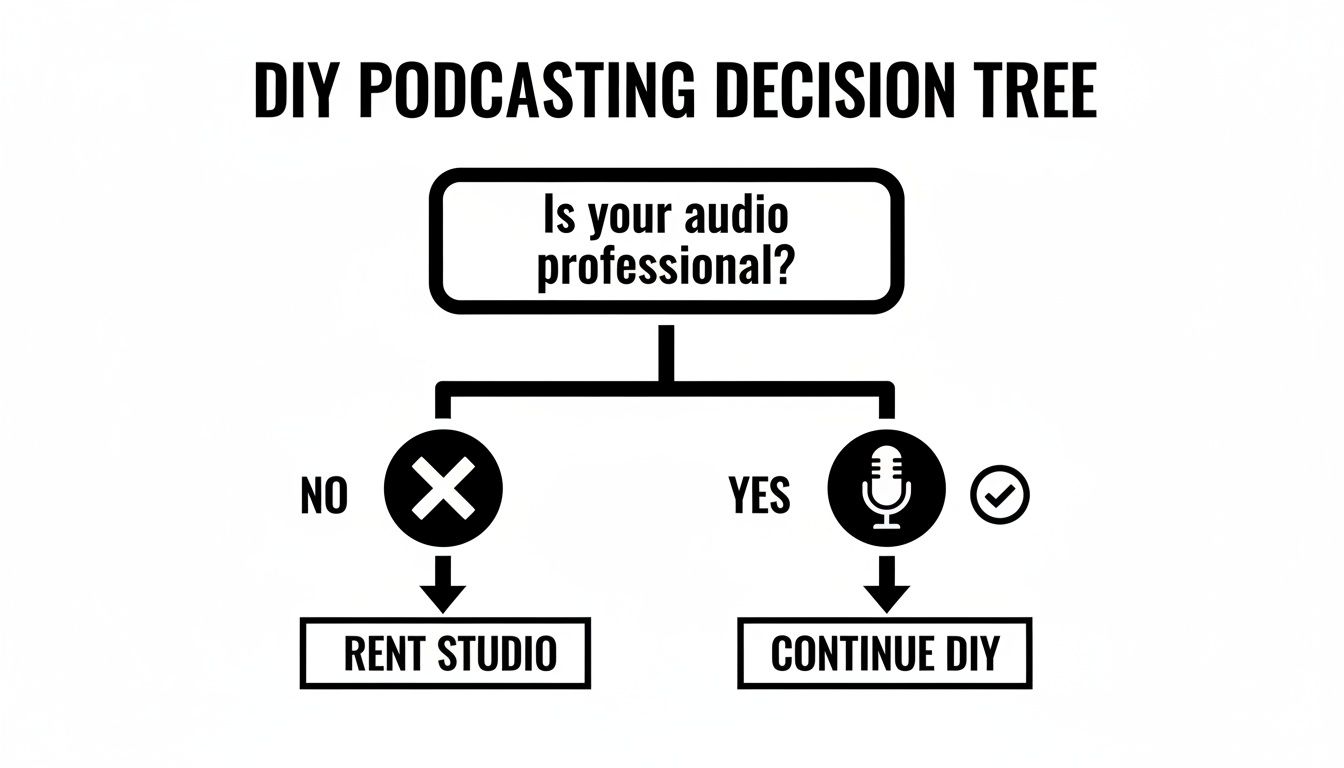 A DIY podcasting decision tree flowchart, asking if audio is professional to rent a studio or continue DIY.