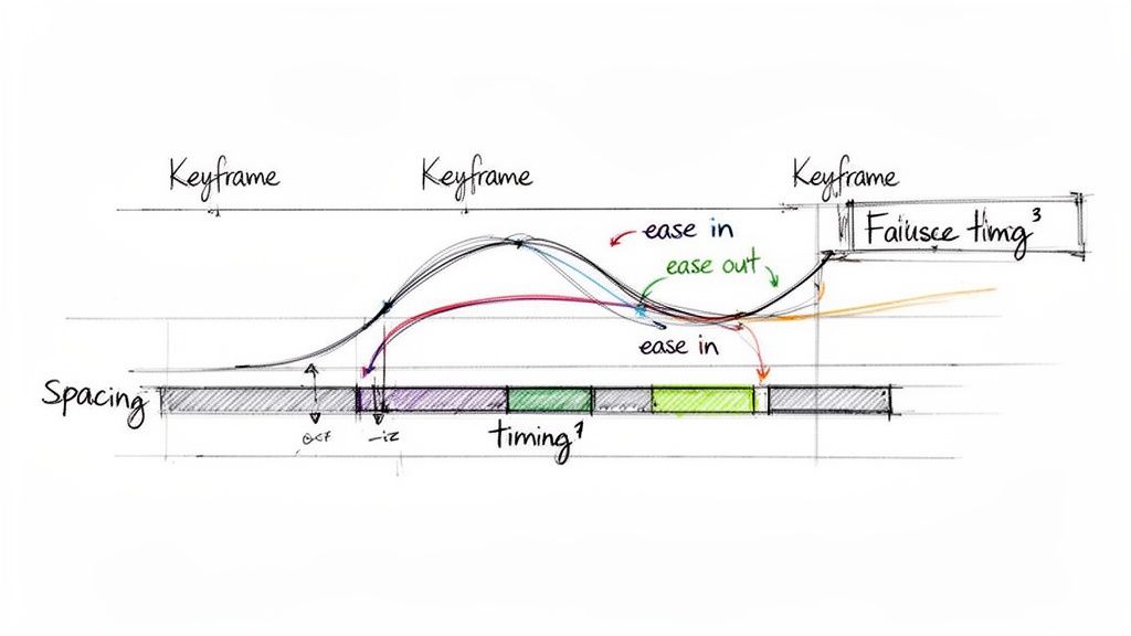 A hand-drawn sketch illustrating animation principles, showing keyframes, spacing, timing, and ease in/out curves.