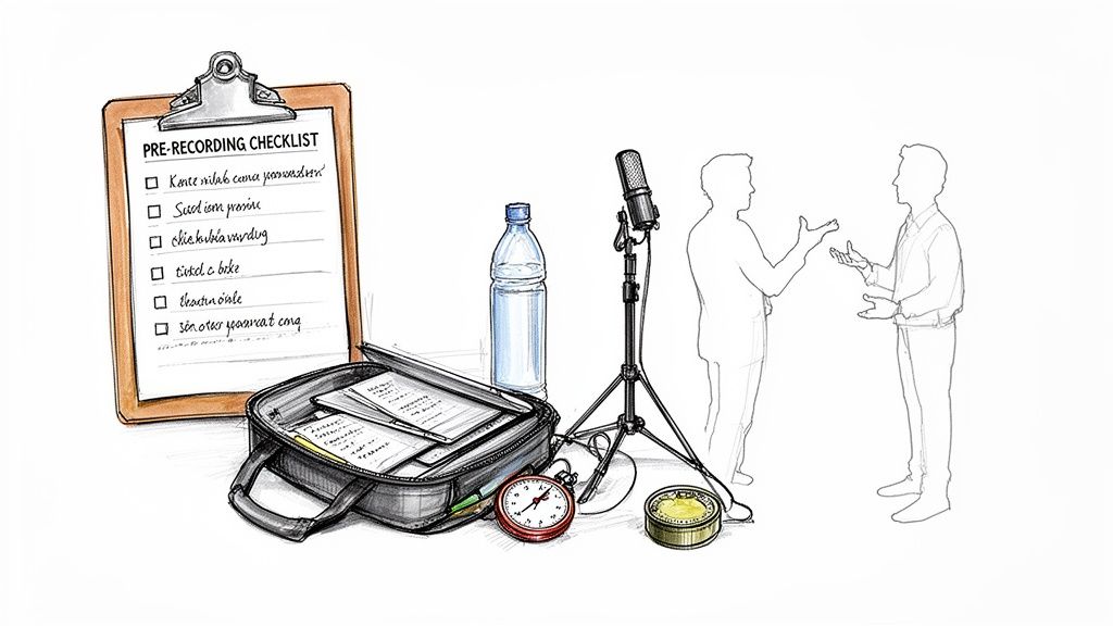 Podcast studio setup with a pre-recording checklist, microphone, and two people discussing.