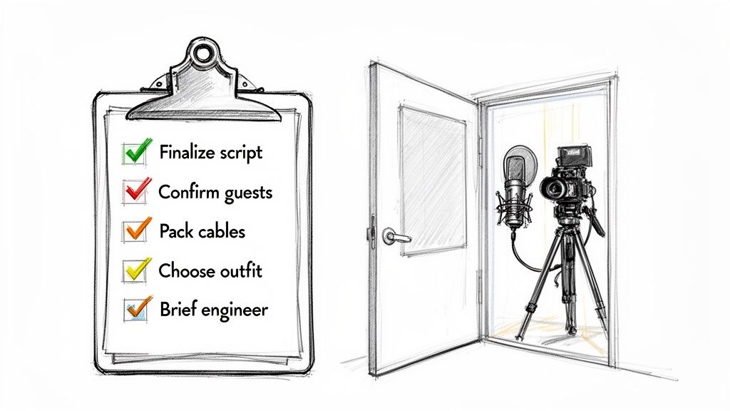 A checklist for podcast preparation, including script, guests, cables, and outfit, next to a recording studio.