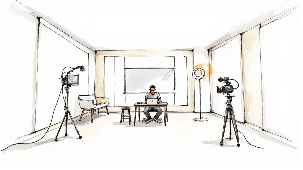 A recording studio setup with a person, cameras on tripods, a laptop, and a ring light.