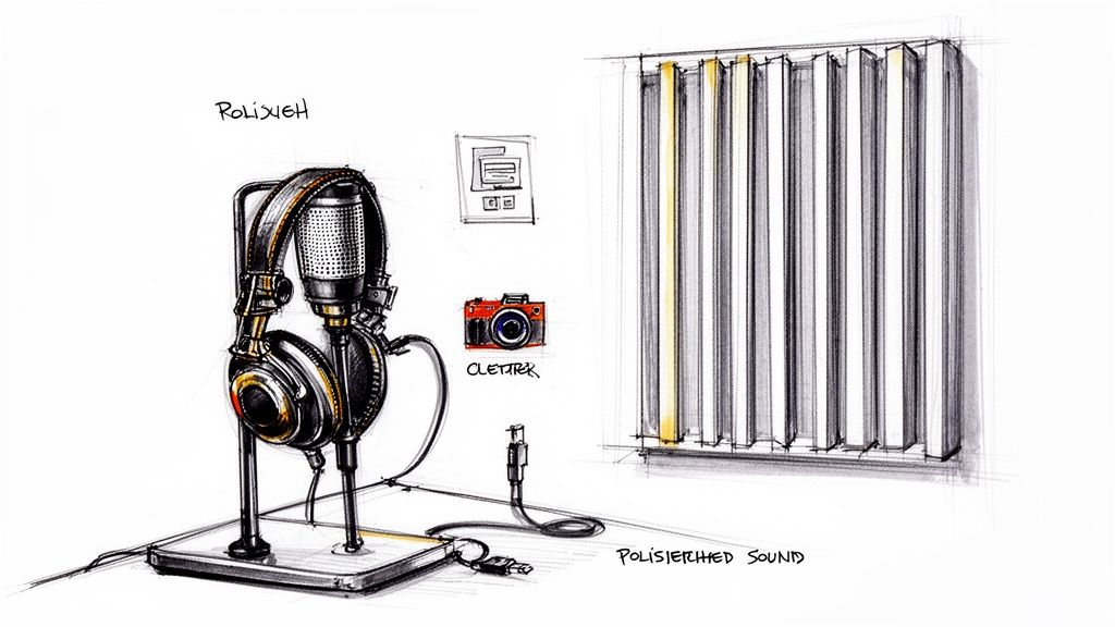 A detailed sketch of a podcast studio setup with headphones, microphone, camera, and sound panels.