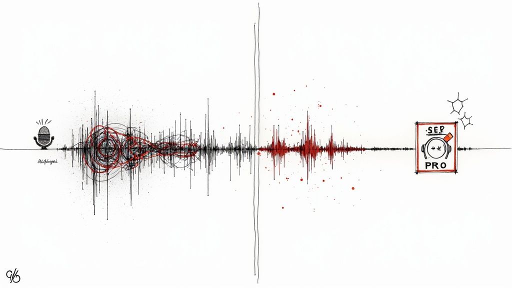 Audio waveform visualization with microphone input and professional sound processing output illustration