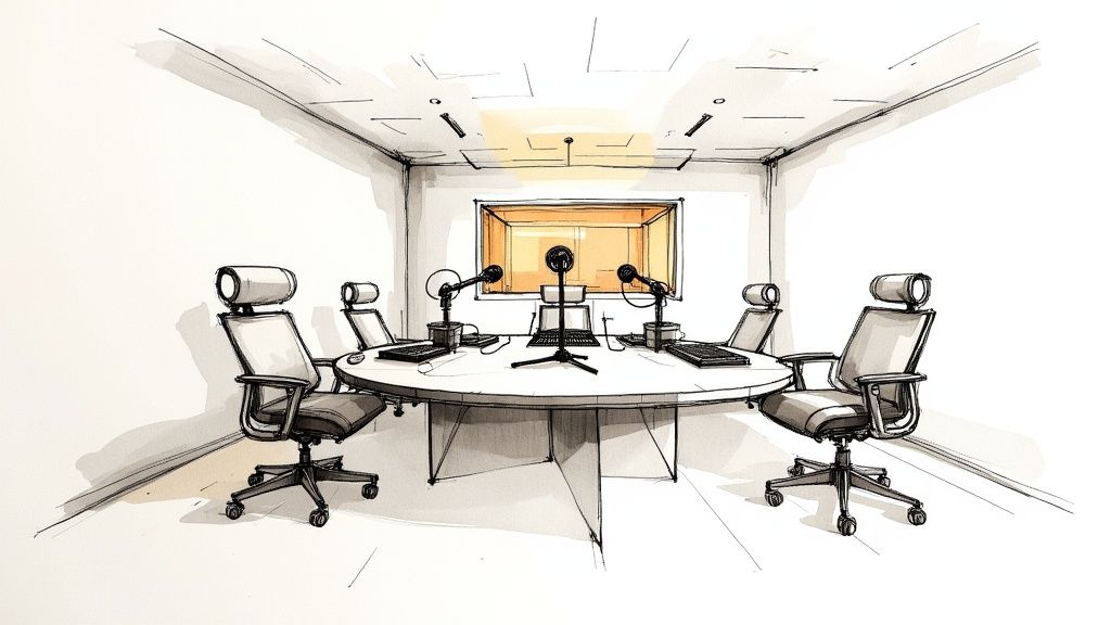 Modern podcast studio setup with curved desk, ergonomic chairs, microphones, and professional soundproof booth