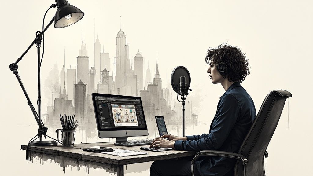 A person with curly hair working at a desk with a computer, microphone, and lamp against a city backdrop.