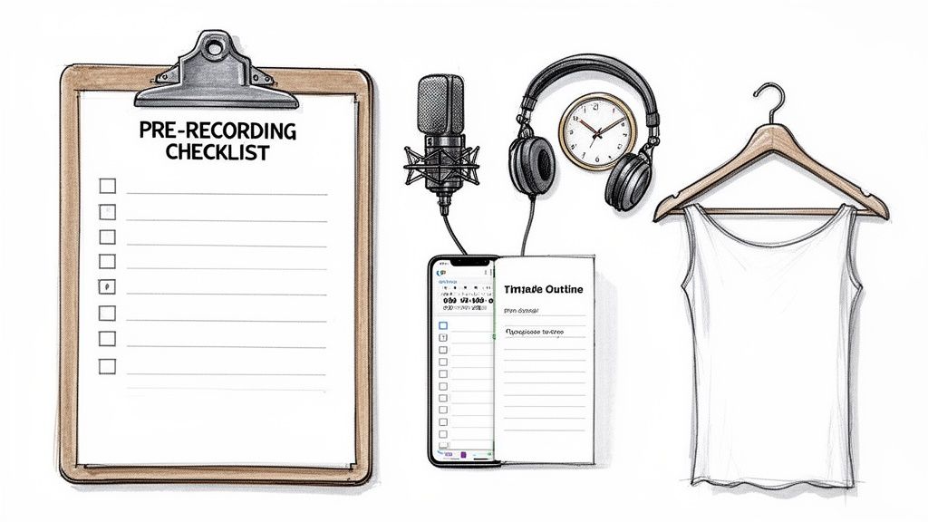 An illustration showing a pre-recording checklist, microphone, headphones, a digital outline, and a clean outfit.
