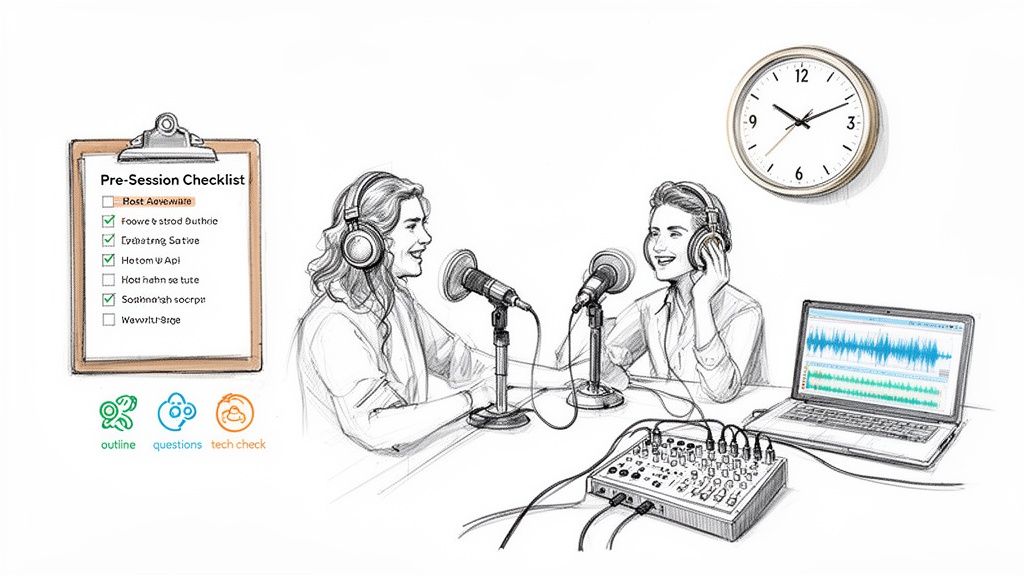 Two hosts recording a podcast in a studio with professional equipment and a pre-session checklist.