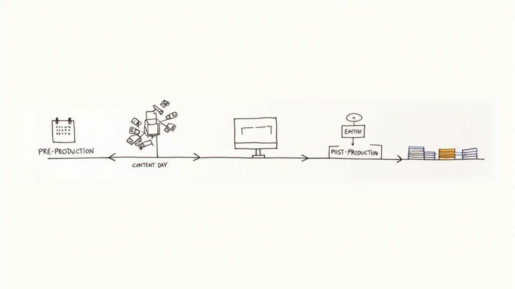 Hand-drawn workflow showing video podcast production stages: pre-production, content day, editing, and post-production.