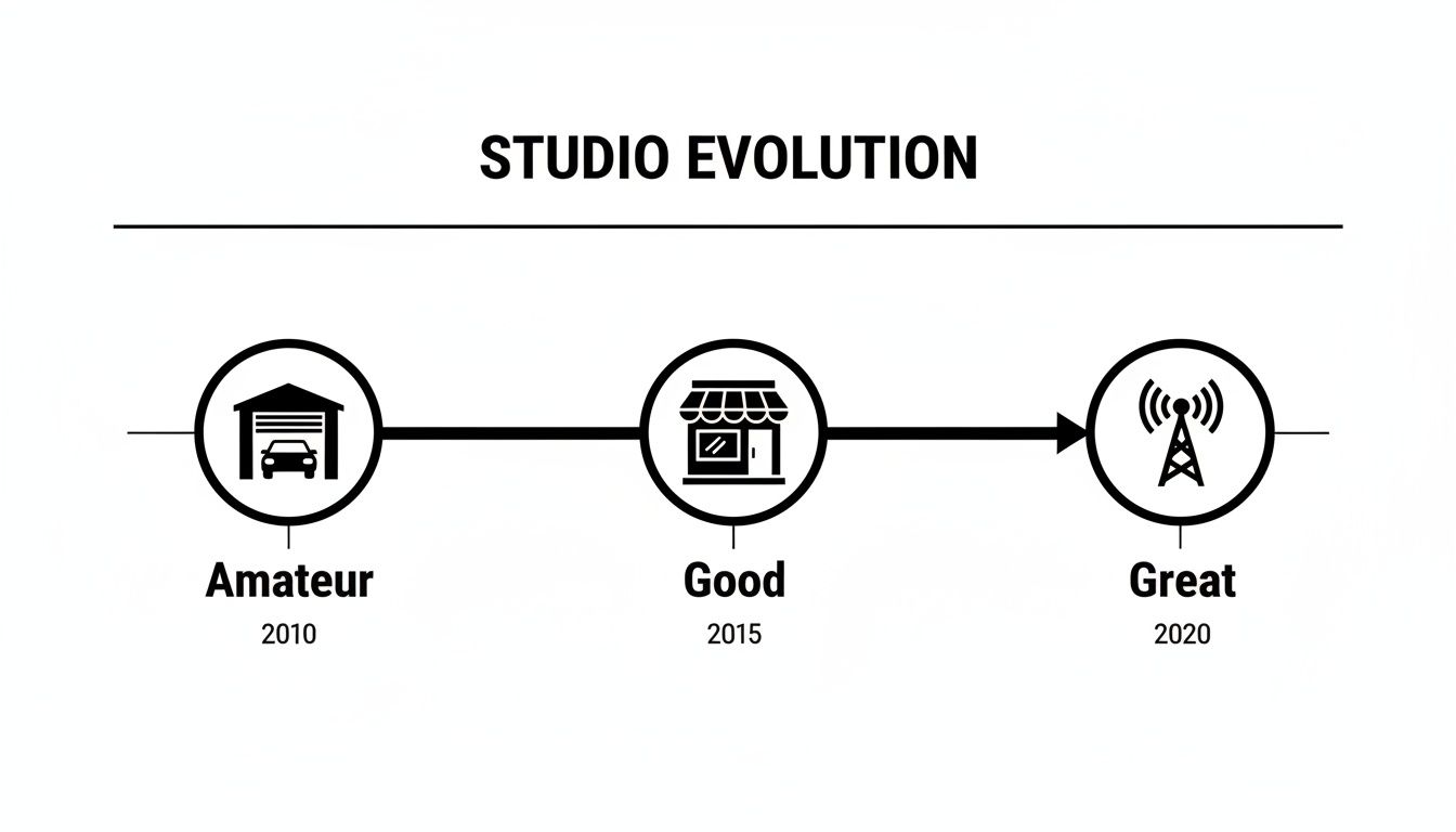 Timeline showing studio evolution from amateur (2010) to good (2015) to great broadcast (2020).