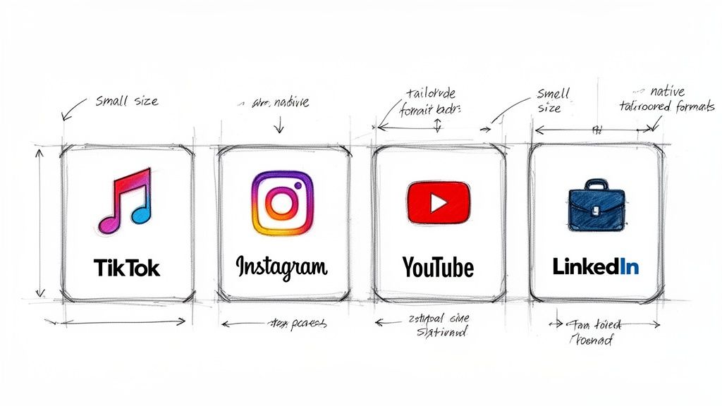 Hand-drawn sketch illustrating social media app icons (TikTok, Instagram, YouTube, LinkedIn) with size and format annotations.