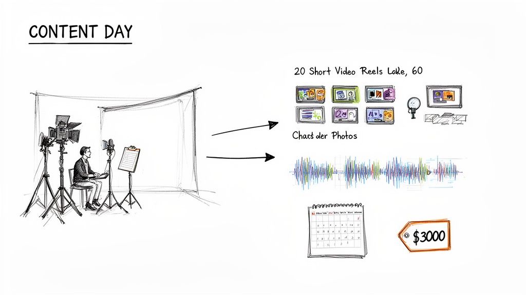 A sketch showing a content day studio setup producing videos, photos, audio, and illustrating costs and schedule.