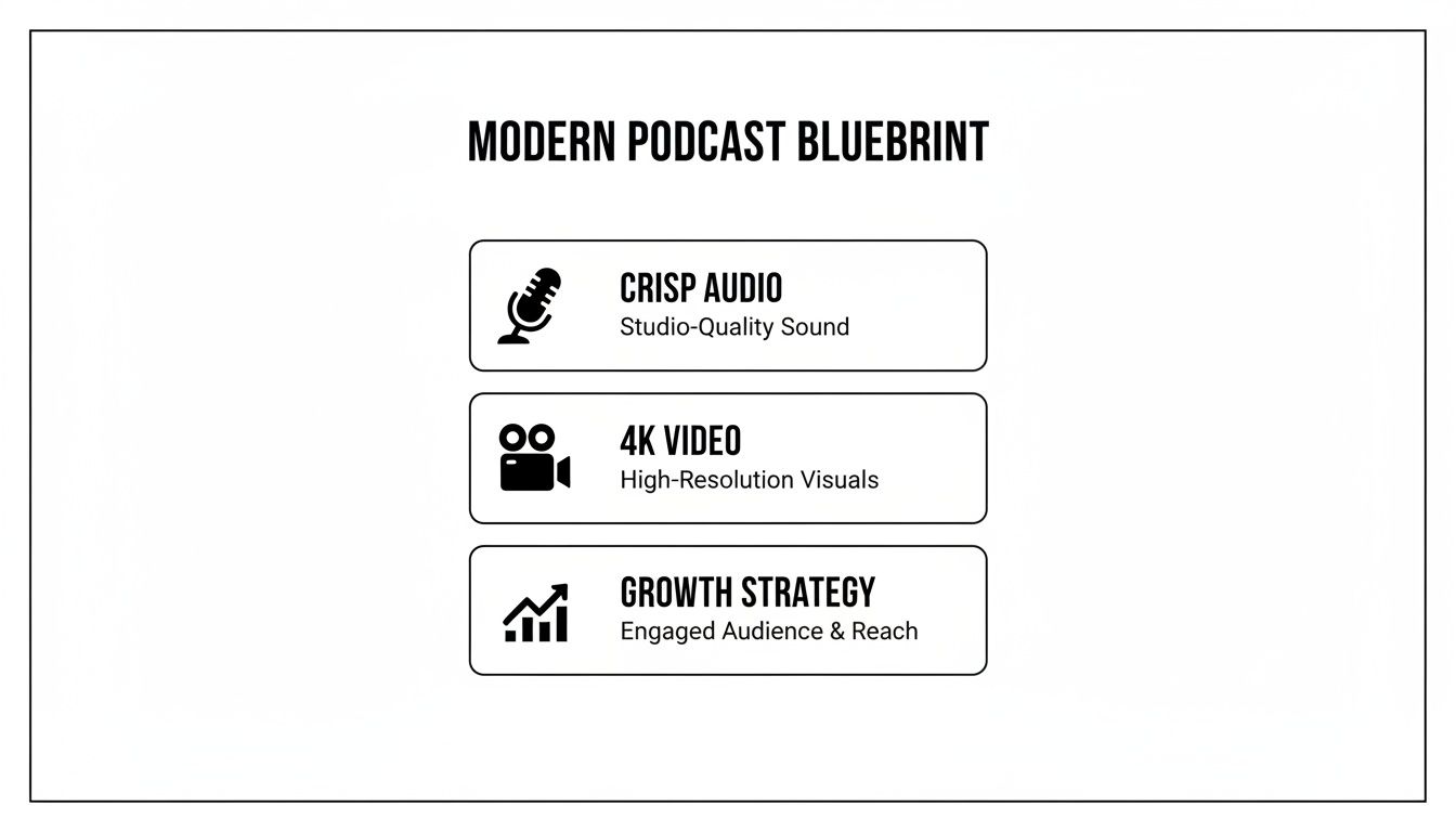Modern podcast blueprint outlining crisp audio, 4K video, and growth strategy for successful reach.