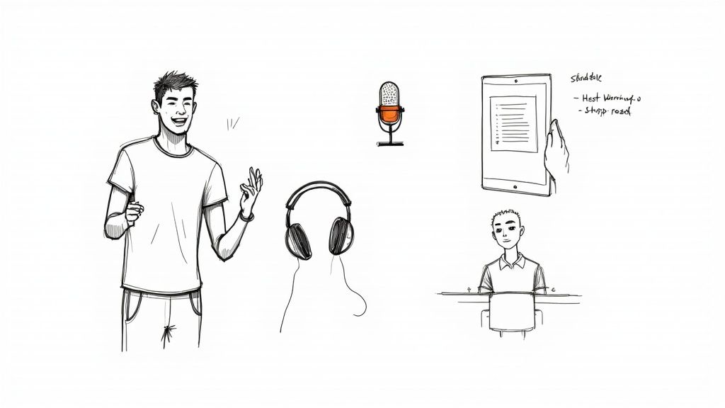 Sketches showing a smiling man speaking, a microphone, headphones, and a tablet with a podcast schedule.